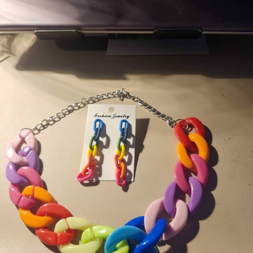 Rainbow Acrylic Chunky Chain Necklace and Earring Set